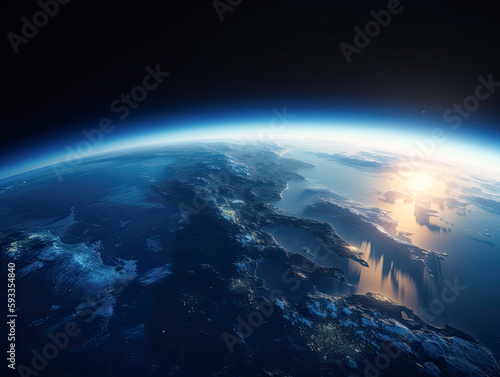 Earth Sunset of Europe and North Africa From Space - World Globe Atmosphere - The Blue Marble - 3D Generative AI