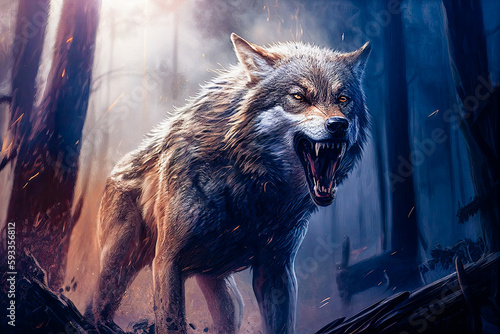 aggressive wolf in fantasy dark digitally drawn