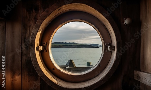  a round window with a view of a body of water. generative ai