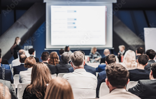 Round table discussion at business convention and Presentation. Audience at the conference hall. Business and entrepreneurship symposium.