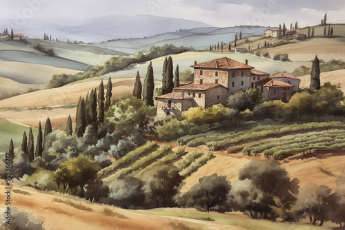 Artwork - watercolor pencil drawing of the Tuscany in Italy - Generative AI