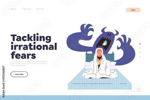 Landing page template with tackling irrational fears concept and frightened kid afraid monster