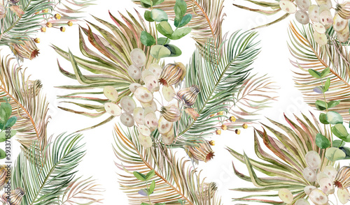 Botanical watercolor seamless pattern with bouquets of palm leaves and dry herbs for textile 