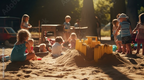 Spielende Kinder im Sandkasten am Sonnigen Tag mit Spielzeug und anderen Kindern die Spaß haben