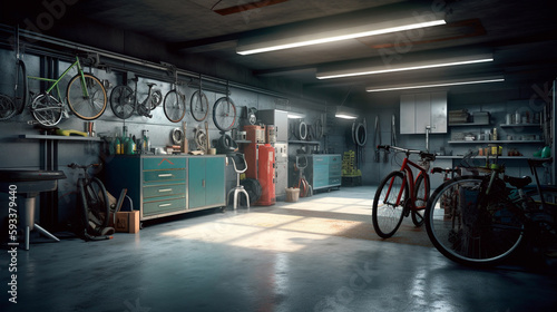 Interior of modern bicycle garage or workshop with many professionals tools and equipment. Generative AI