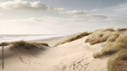 A beach landscape with sand dunes and waves. Generative AI