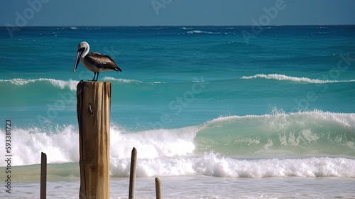 A beach scene with a pelican perched on a post. Generative AI