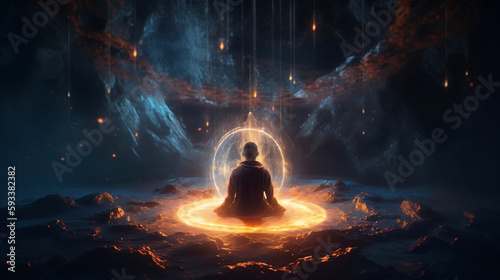 illustration of meditating person with detailed energy field. Generative ai.