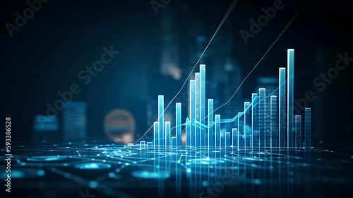 A 3D coin background with a blue finance graph and investment bar, showcasing growth and success in the market with technology and currency reports. Generative ai.