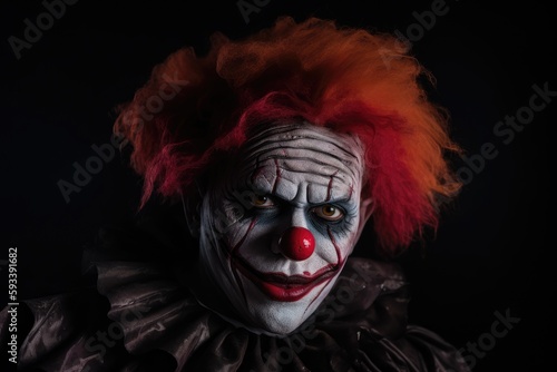 Scary evil clown portrait. Generative AI.