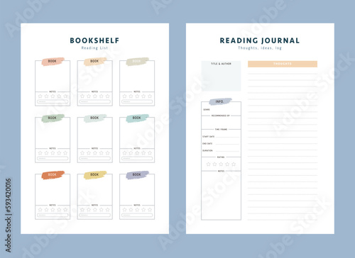 Bookshelf and reading journal planner. Business organizer page. Paper sheet. Realistic vector illustration.