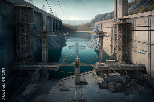 View from height on hydroelectric power station. Neural network AI generated art