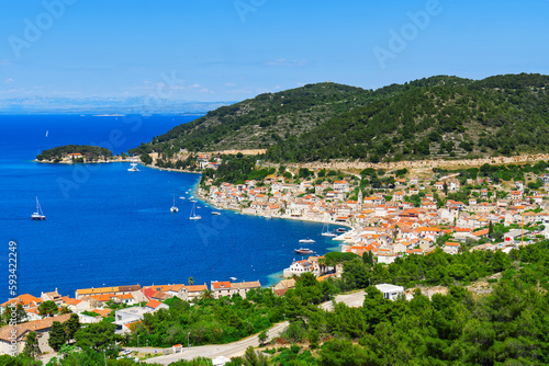 Island of Vis bay aerial view, Dalmatia, Croatia. Europe paradice Vis Island in bay of adriatic sea.