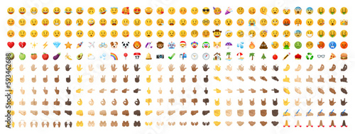 All type of emojis in one big set. Hands, gesture, people, animals, food, transport, activity, sport emoticons. Smiley big collection. Vector illustration.