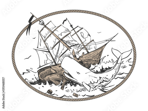 The white sperm whale attacks the ship. The mythical monster responsible for the shipwreck. Vector illustration in engraving style. Composition based on the legends of sailors in an oval rope frame.
