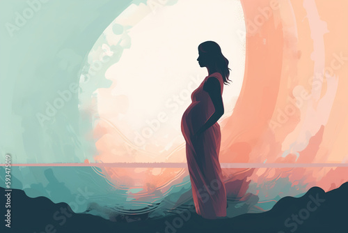 Abstract art illustration of femininity, pregnancy, female tenderness. Silhouette figure of faceless pregnant woman in dress, copy space. Generative AI