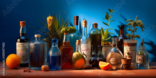 alcoholic beverages and medicinal bottles on a blue background,