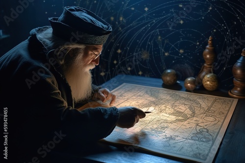 A astronomer gazing up at the night sky filled with stars, holding an antique cosmology chart or sand tray in hand. The movement of celestial bodies shapes destiny and seasons the soul. Generative AI