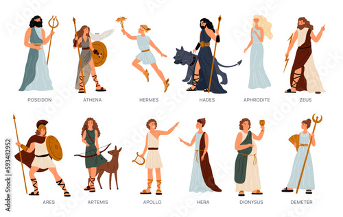 Greek pantheon. Gods and goddesses. Ancient mythology. Cartoon devine characters. Hephaestus and Demeter. Antique paganism religion. Zeus and Apollo. Garish vector Greece deities set