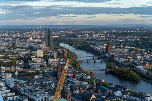 Aerial view of the Frankfurt skyline during sunset