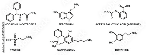 Set of modafinil nootropics, cannabidiol or CBD molecular, acetylsalicylic acid (aspirin), taurine(2-aminoethanesulfonic acid), serotonin, dopamine molecular structures. 