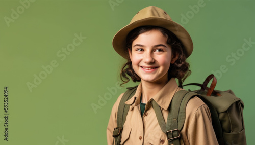 Exploring the Outdoors: Smiling scout with backpack isolated on olive green background with space for text. Camping concept - AI Generative