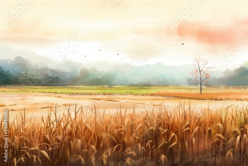 Watercolor illustration of autumn rice field High quality 2d illustration. Generative AI