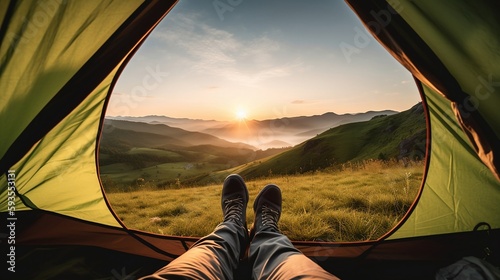 A breathtaking sunrise view from a mountain tent - Generative ai