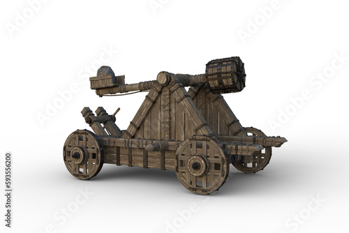Medieval wooden catapult weapon on wheels. Isolated 3D rendering.