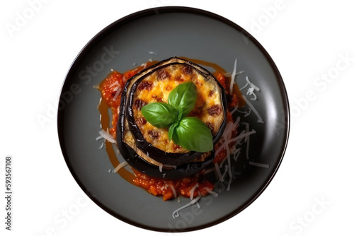 Parmigiana Di Melanzane On Black Plate, Top View. On An Isolated Transparent Background, Png. Generative AI
