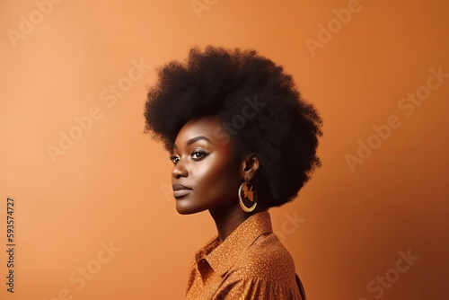 A woman with a big afro haircut stands against a brown background, side view. AI generative image.