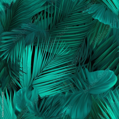 reasonable arrange counting shocking turquoise and green tropical takes off with palms . Seamless pattern, AI Generated