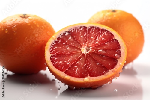 Red oranges with water drops on white background. Generative AI