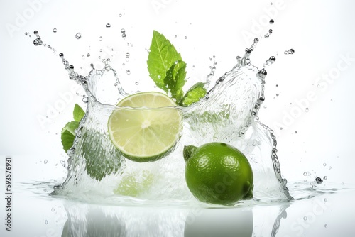 Water splash with lime, mint, and ice cubes on white background. Generative AI