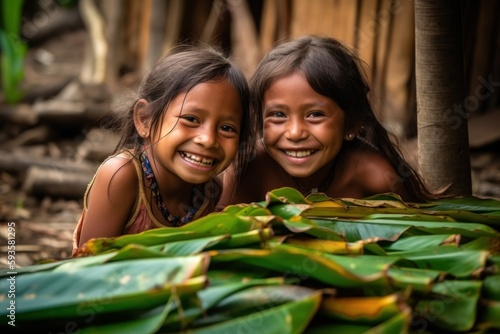 Authentic Amazonian Joy: Indigenous Little Girls and Boys with Banana Leaves, indigenas crianças ribieirinhos do amazonas, GENERATIVE AI
