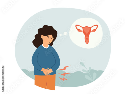Female reproductive system disease concept. Female gynecological problems infertility endometriosis. Anatomical ovaries, vagina symbol menstruation and ovulation. Isolated vector illustration.