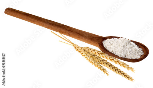 Ramo de trigo e colher de madeira com farinha de trigo branca - flor de trigo e farinha de trigo