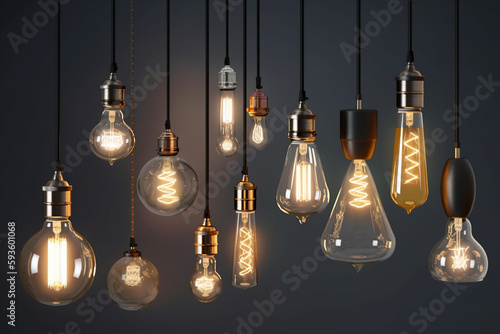 Decorative antique Edison style light bulbs, different shapes of retro lamps on dark background. Cafe or restaurant decoration details. Set of vintage glowing light bulbs, loft interior. AI generated.