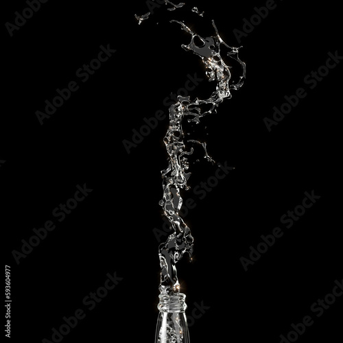 Close up Water splash from bottle glass isolate on black. 3D Rendering.