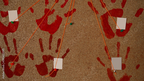 handprints of red, bloody color, on a cork board. An orange thread is drawn to each of the prints, at the end of which there is a white square for the inscription. Conception : Maniac's stand 