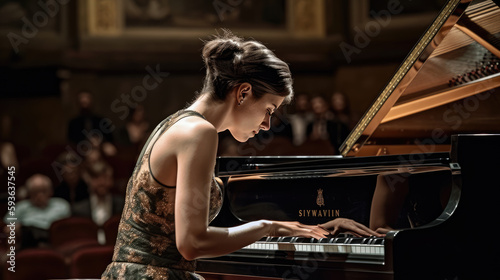 Beautiful concentrated woman pianist doing a piano concert in the auditorium. Generative AI