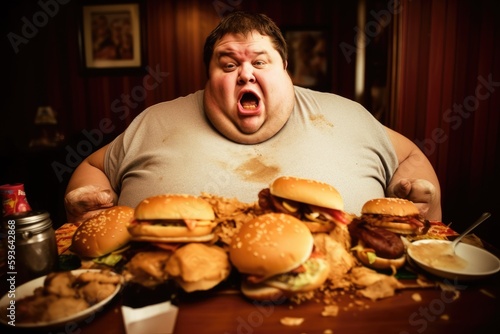 Exaggerated presentation of a greedy fat man eating fast food or junk meal in a fast food restaurant / diner. Obesity. Created with Generative AI 