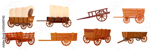 Wooden wagons. Covered tent wagon, farm handicraft vehicles old cartoon carts or western wheelbarrows, wild west carriage cowboy ancient travel cart, ingenious vector illustration