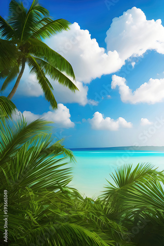 Tropical view with palm trees and beautiful turquoise sea and beach with white sand, tropical vacation landscape. Generative Ai.