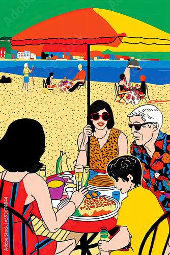 Generative AI illustration of 1990s illustration of a family of tourists in bikinis and swimsuits on a beach in Spain