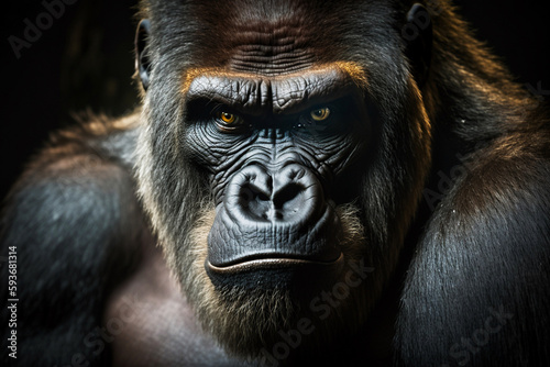 close up of king kongs face on black background, generative AI
