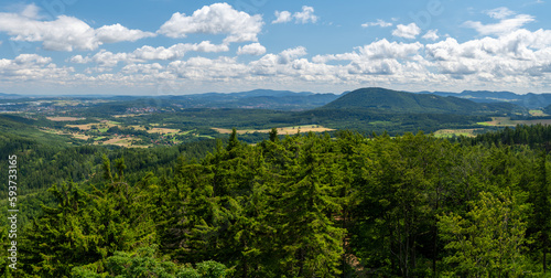 Panoramic view of mountains seen from top of observation tower on Trojgarb mountain in Walbrzych