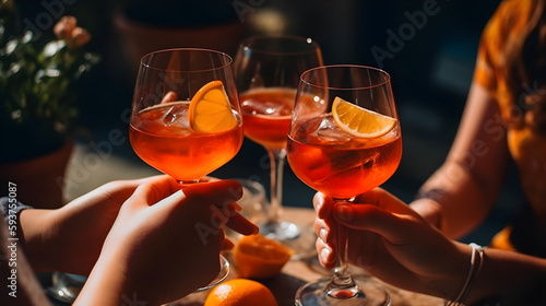 Friends drinking Aperol spritz in summer, generative AI