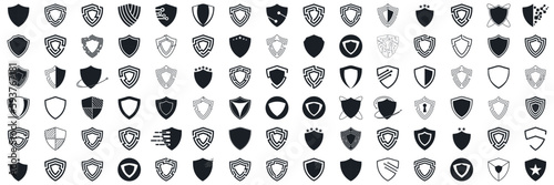 Shield icon set in vintage style. Protect shield security line icons. Badge quality symbol, sign, logo or emblem. Vector illustration