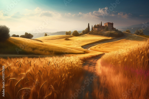 Italian summer landscape. Countryside Panorama of summer wheat field with dirt road and Sunset cloudy sky, traditional Italian house. AI-generated 